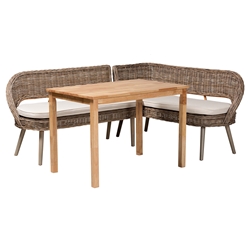 Baxton Studio Raisa Modern Bohemian Greywashed Seagrass Bench and Wood Table 3-Piece Dining Nook Set